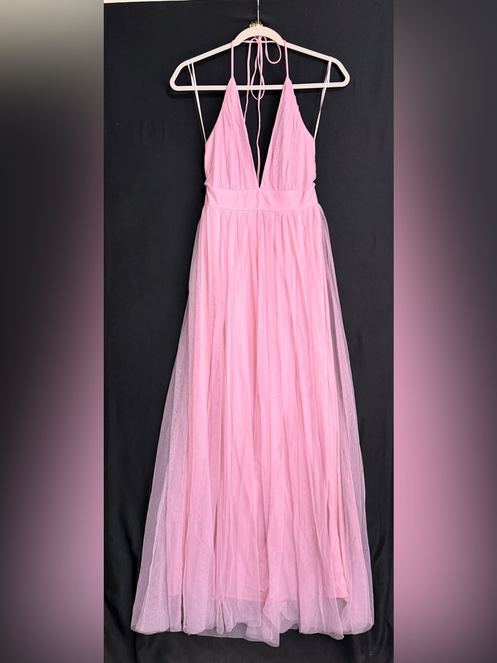 Amoris by CD Blush Pink Tulle Maxi Dress with Plunging V-Neck Halter neck